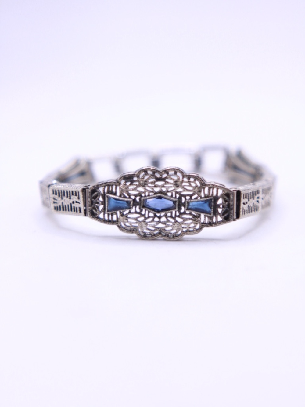 Vintage Anne Louise Art Deco Silver Filigree Bracelet with Simulated Sapphires